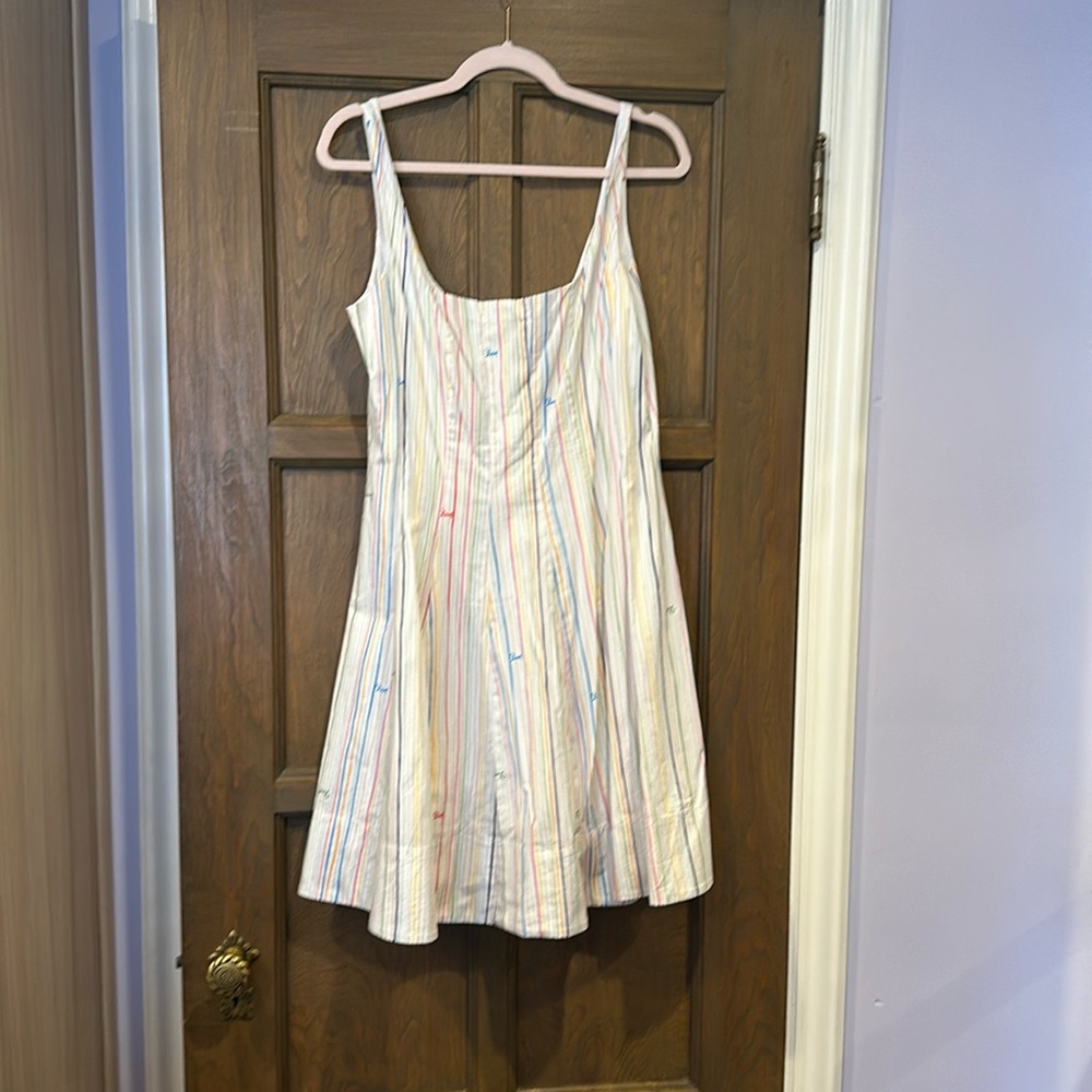 STAUD White Mini Dress with Pastel Multi-Color Stripes